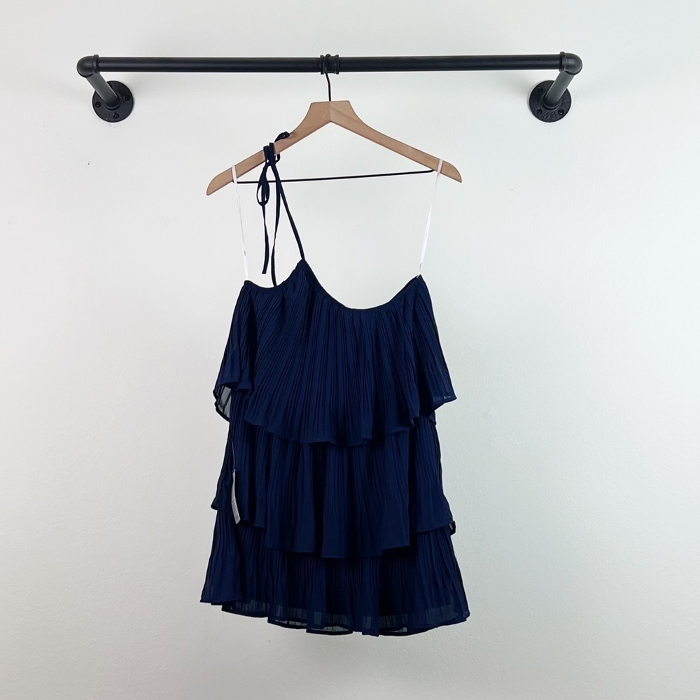 NWT Lulus Blowing Kisses Navy Blue Pleated One-Shoulder Mini Dress - Picture 7 of 8